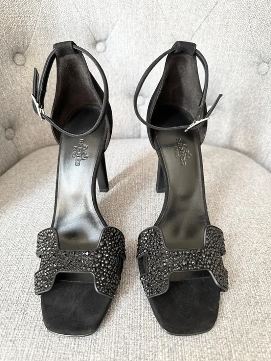 Hermes Joy 105 Noir STRASS Black Suede Leather Ankle Strap Sandals Heels size 38 - Picture 4 of 16